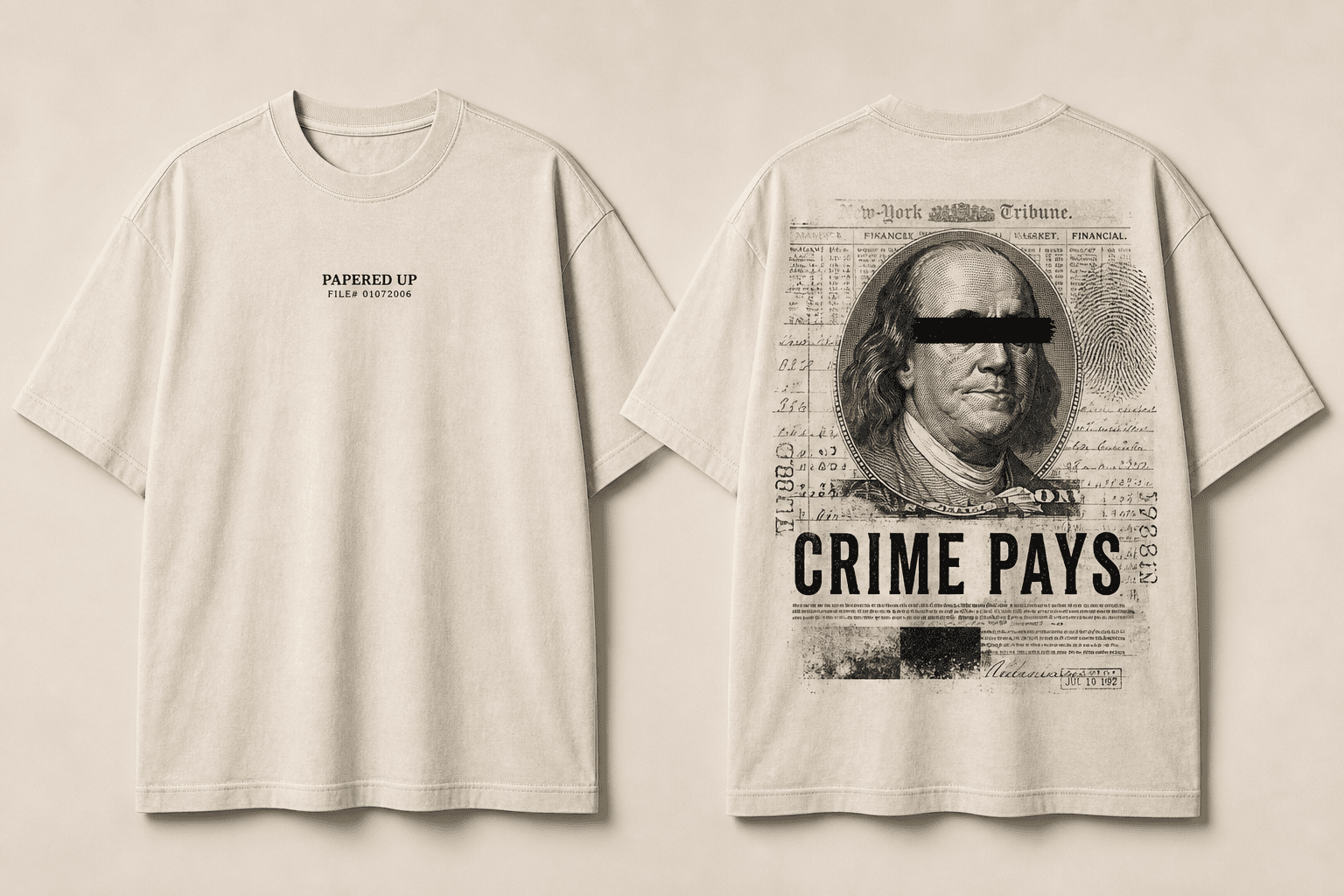 Ben Franklin Crime Pays Tee shown from the front and back